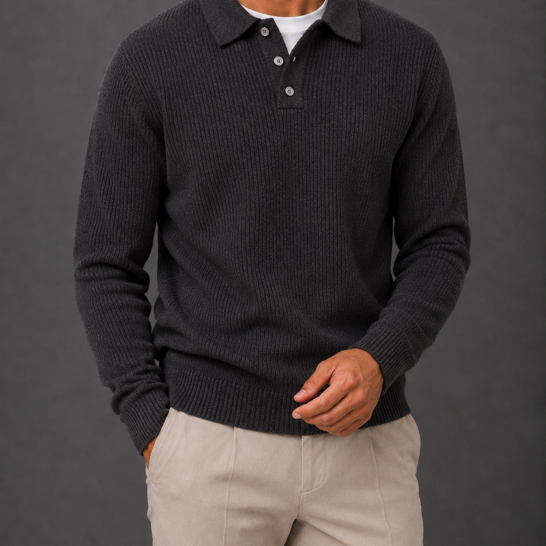 Men's Ribbed Knit Polo Collar Jumper