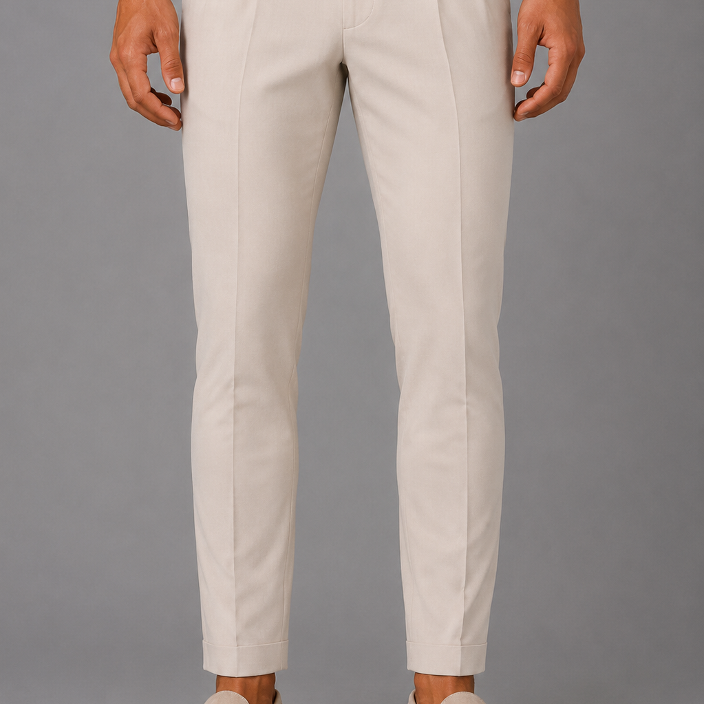 Tailored Chinos with Adjustable Waistband: Beige Pleated Trousers