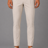 Tailored Chinos with Adjustable Waistband: Beige Pleated Trousers