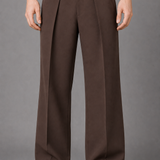 Wide Leg Pleated Trousers with Button Detail Pockets: Brown Tailored Pants
