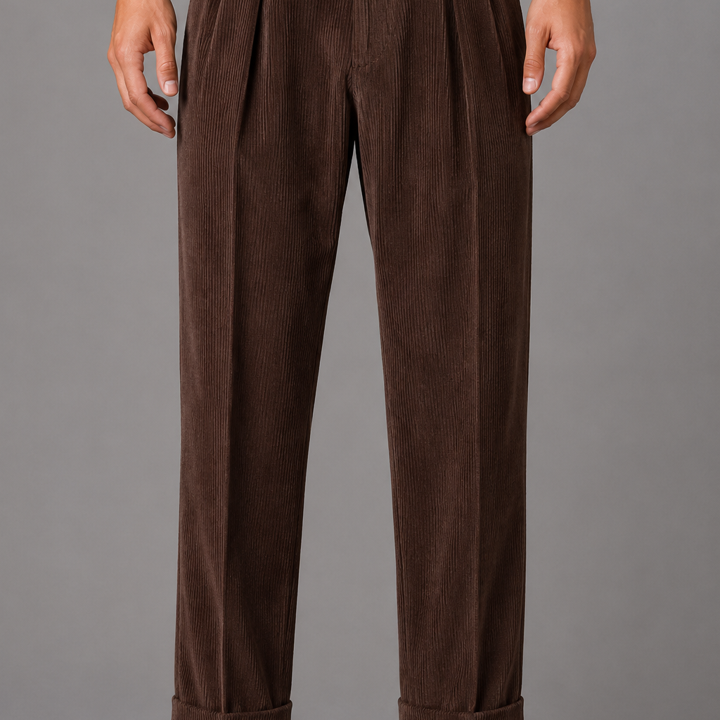 Corduroy Trousers with Turn Up Cuffs: Beige Tailored Pleated Pants