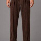 Corduroy Trousers with Turn Up Cuffs: Beige Tailored Pleated Pants