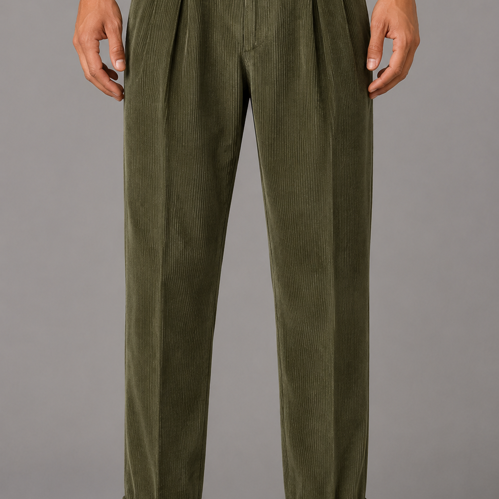 Corduroy Trousers with Turn Up Cuffs: Beige Tailored Pleated Pants
