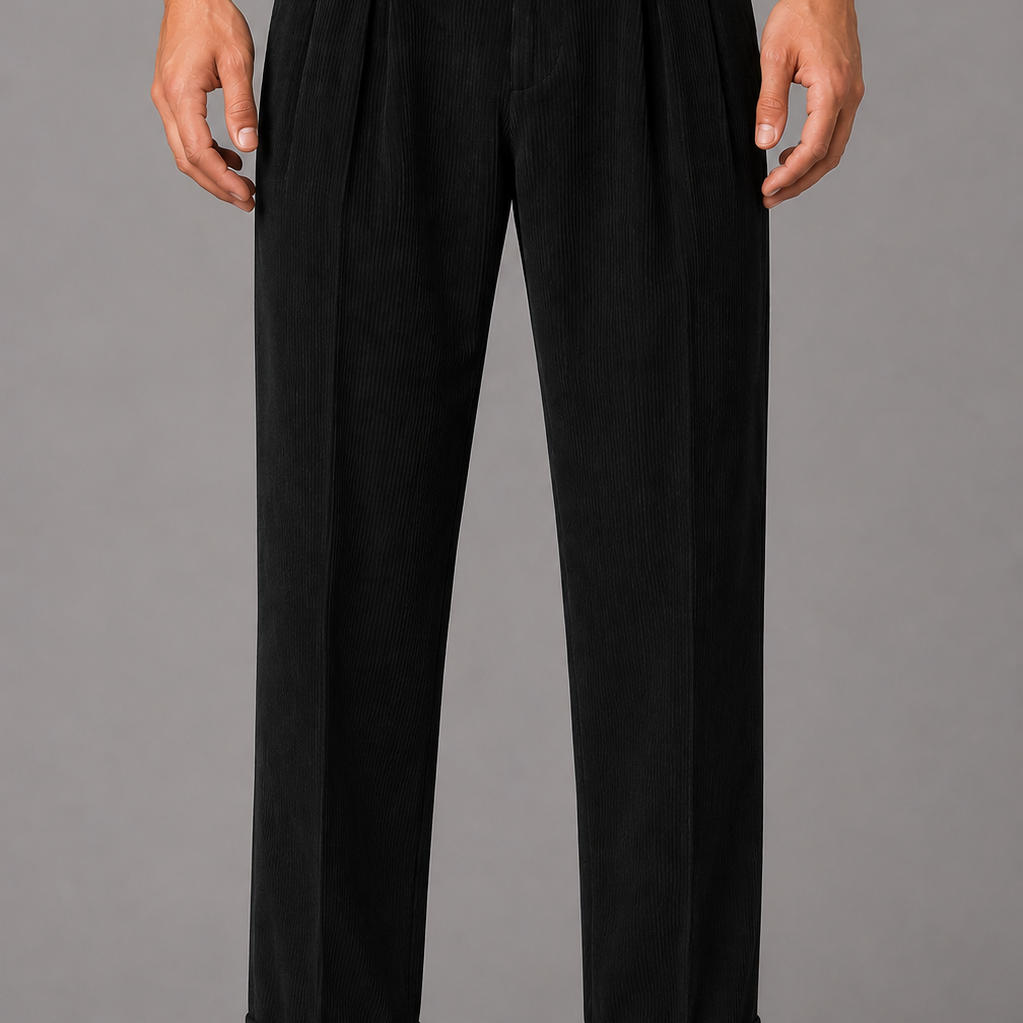 Corduroy Trousers with Turn Up Cuffs: Beige Tailored Pleated Pants