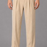 Corduroy Trousers with Turn Up Cuffs: Beige Tailored Pleated Pants