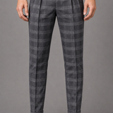 Slim Fit Plaid Trousers with Zip Fly: Beige Checked Tailored Pants