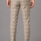 Slim Fit Plaid Trousers with Zip Fly: Beige Checked Tailored Pants