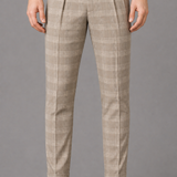 Slim Fit Plaid Trousers with Zip Fly: Beige Checked Tailored Pants