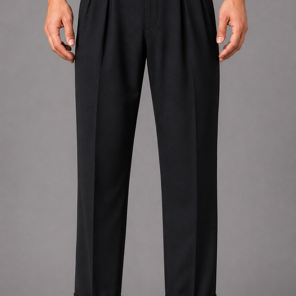 Pleated Trousers with Side Adjuster Straps: Black Wide Leg Turn Up Pants