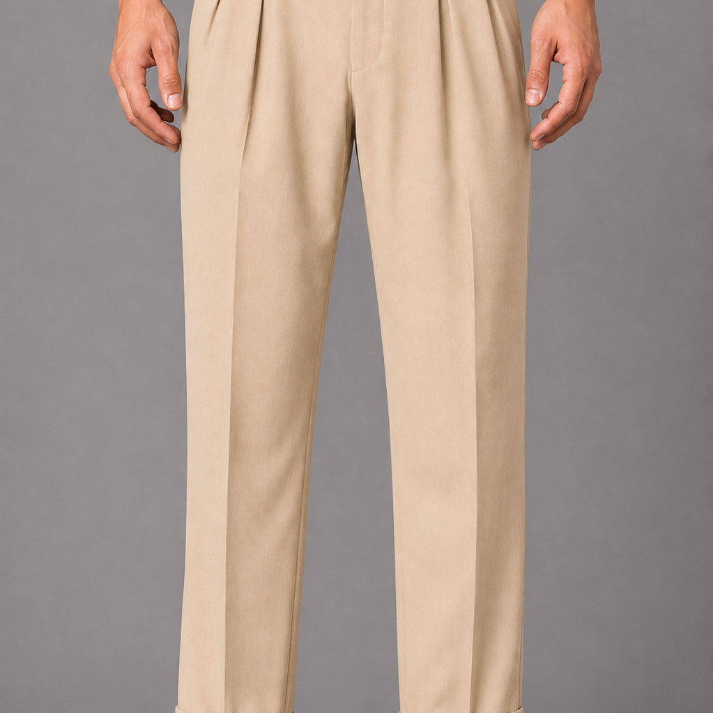 Pleated Trousers with Side Adjuster Straps: Black Wide Leg Turn Up Pants