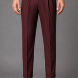 Cross Waistband Pleated Trousers with Side Buckles: Burgundy Cropped Pants