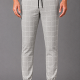 Grid Check Drawstring Jogger Trousers: Olive Windowpane Cuffed Pants