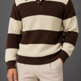 Striped Knit Polo Sweater: Chunky Ribbed Rugby Style Jumper