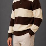 Striped Knit Polo Sweater: Chunky Ribbed Rugby Style Jumper