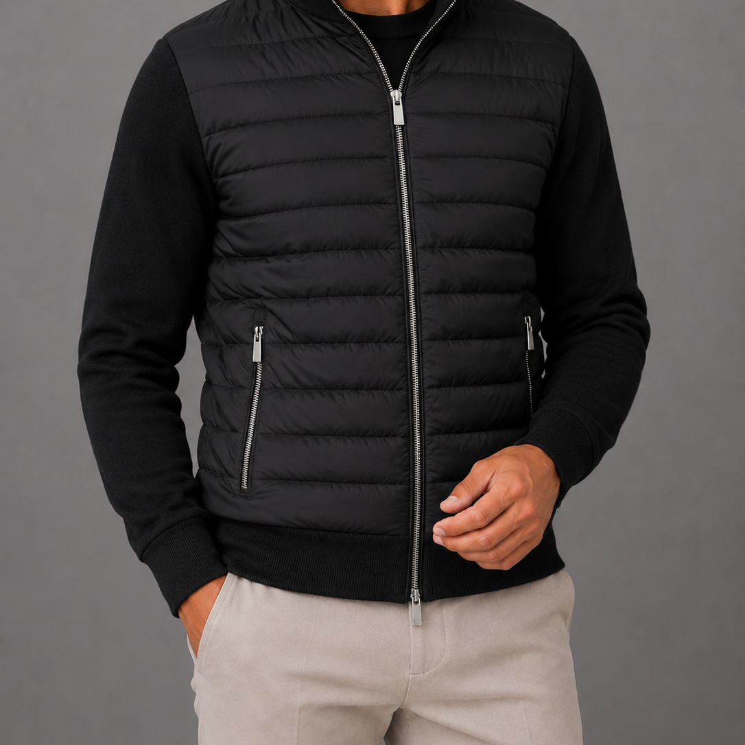 Quilted Panel Bomber Jacket with Knit Sleeves: Full Zip Hybrid Coat
