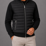 Quilted Panel Bomber Jacket with Knit Sleeves: Full Zip Hybrid Coat