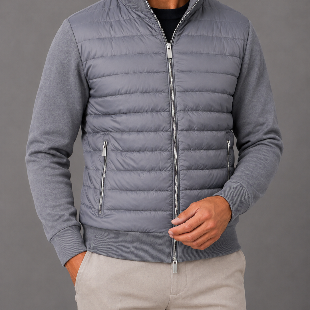 Quilted Panel Bomber Jacket with Knit Sleeves: Full Zip Hybrid Coat