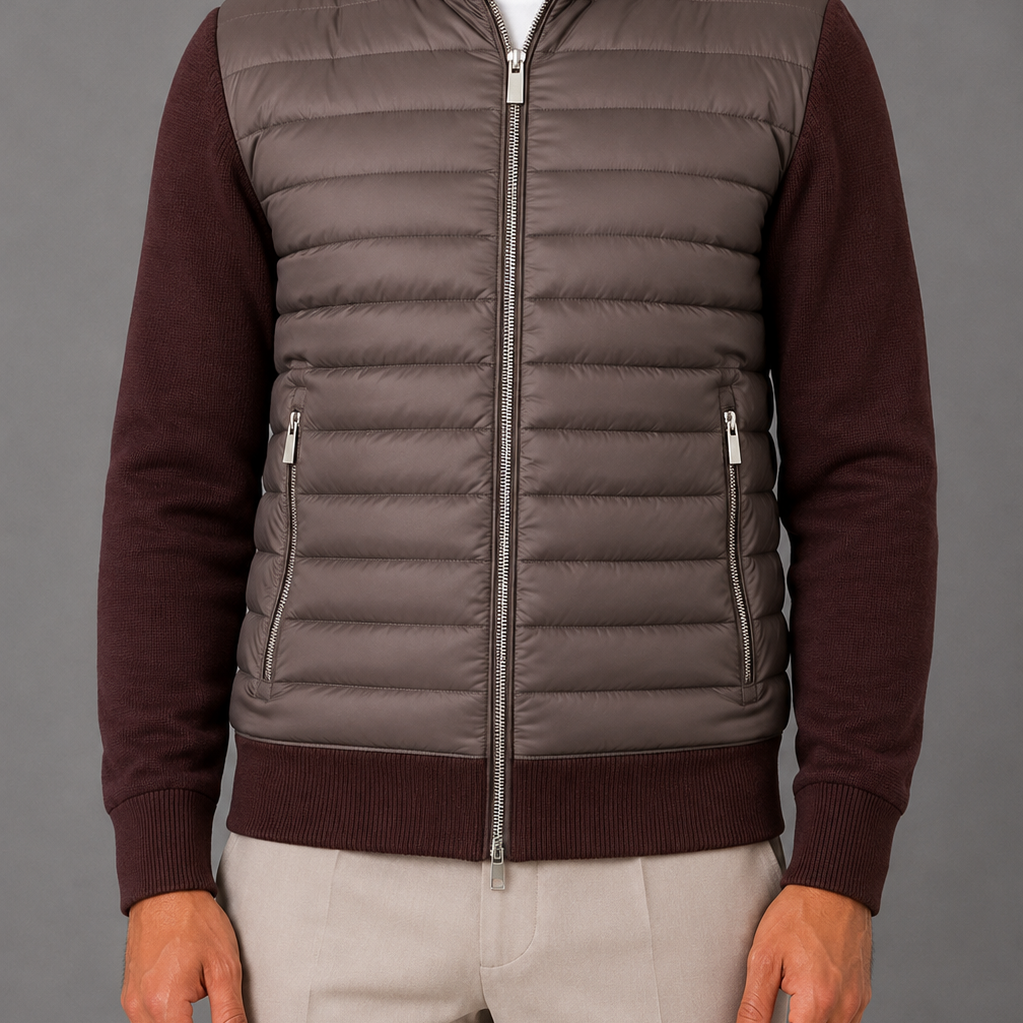 Quilted Panel Bomber Jacket with Knit Sleeves: Full Zip Hybrid Coat