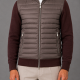 Quilted Panel Bomber Jacket with Knit Sleeves: Full Zip Hybrid Coat