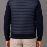 Quilted Panel Bomber Jacket with Knit Sleeves: Full Zip Hybrid Coat