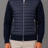 Quilted Panel Bomber Jacket with Knit Sleeves: Full Zip Hybrid Coat