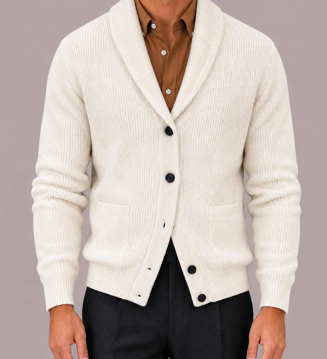 Men's Shawl Collar Ribbed Knit Cardigan with Five Buttons
