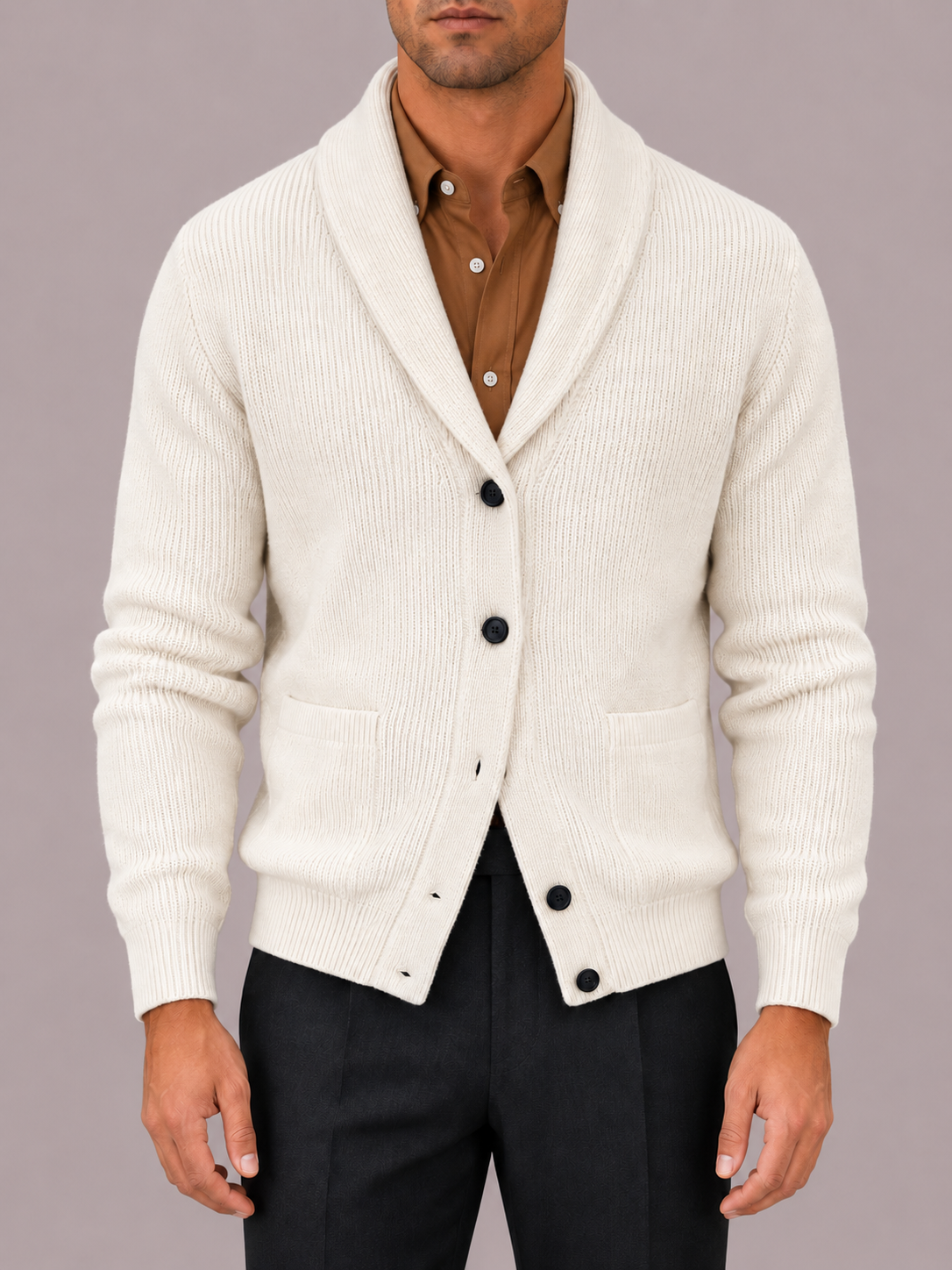 Men's Shawl Collar Ribbed Knit Cardigan with Five Buttons