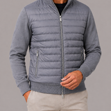 Quilted Panel Bomber Jacket with Knit Sleeves