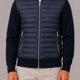 Quilted Panel Bomber Jacket with Knit Sleeves