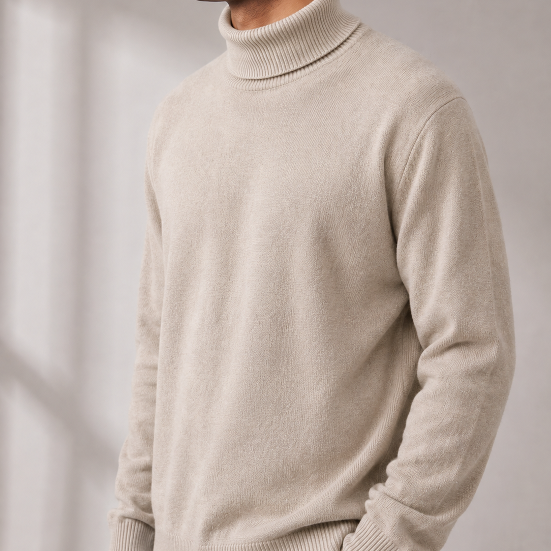 Men's Turtleneck Sweater with Ribbed Collar and Cuffs