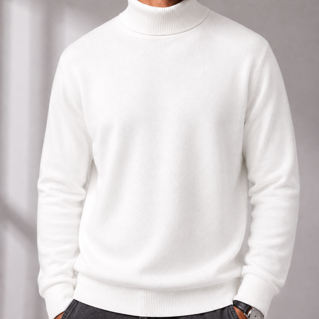 Men's Turtleneck Sweater with Ribbed Collar and Cuffs