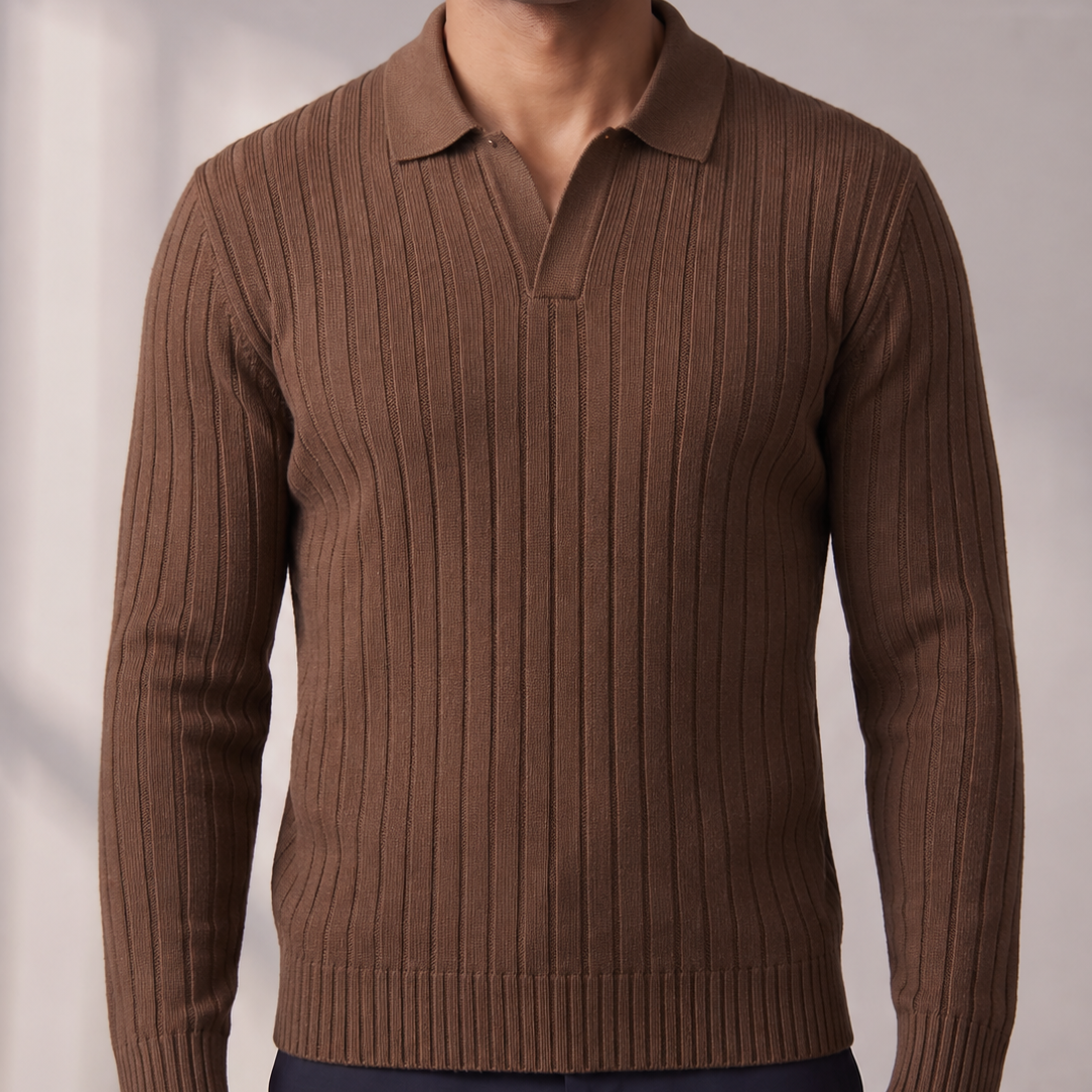 Men's Long Sleeve Ribbed Knit Polo with Split Neckline