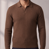 Men's Long Sleeve Ribbed Knit Polo with Split Neckline
