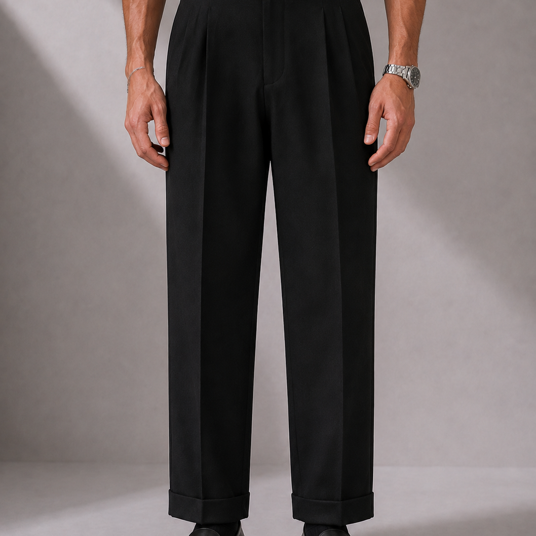 Men's Wide-Leg Pleated Trousers with High Waist
