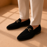 Men's Suede Loafers with Gold Buckle Detail
