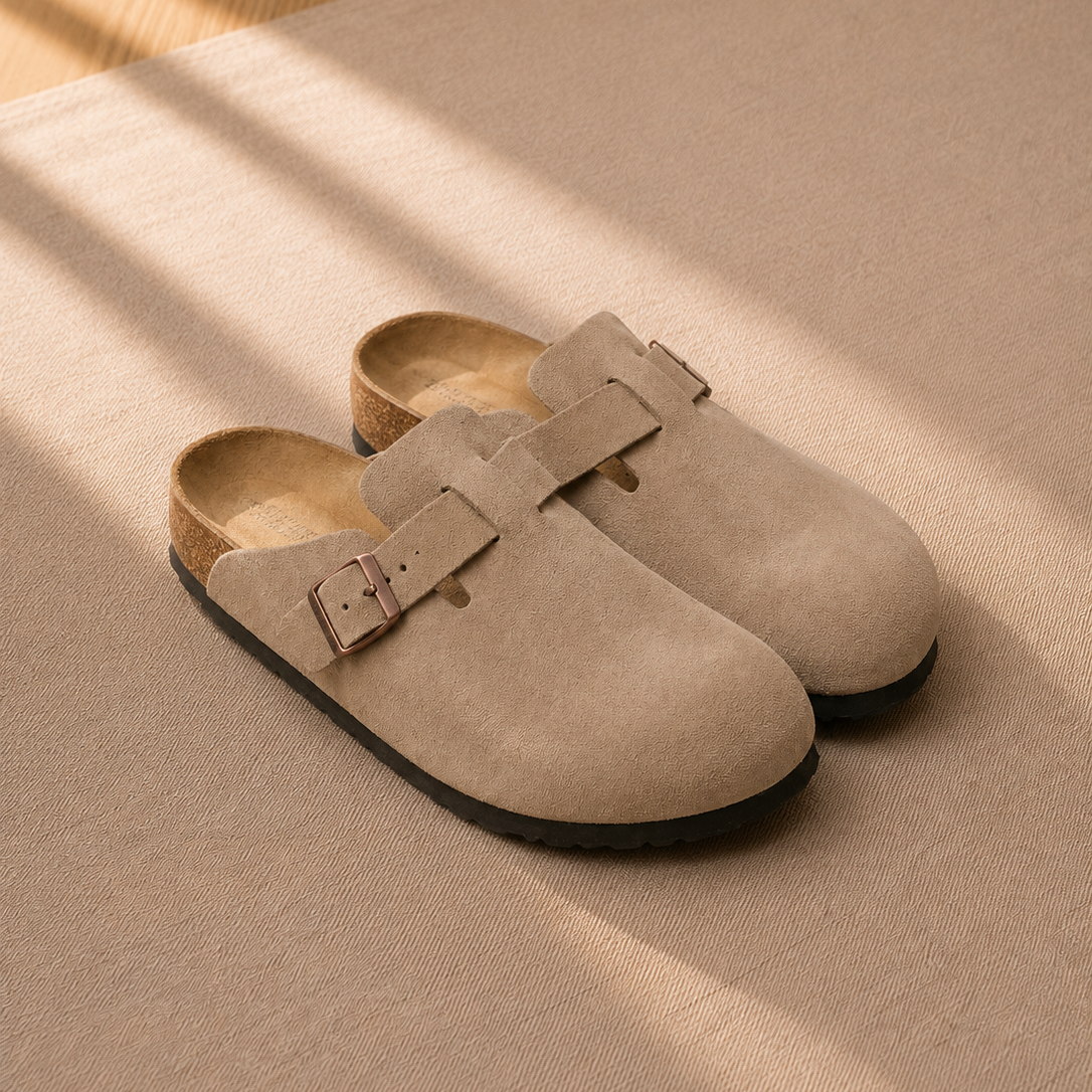 Men's Suede Clogs with Cork Sole and Buckle Strap