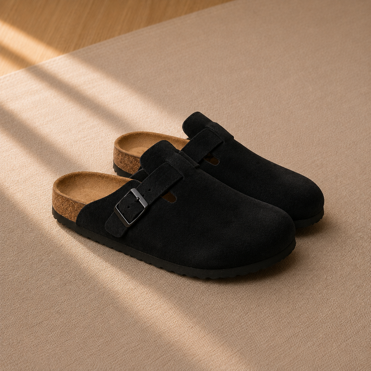 Men's Suede Clogs with Cork Sole and Buckle Strap