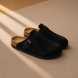 Men's Suede Clogs with Cork Sole and Buckle Strap