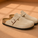 Men's Suede Clogs with Cork Sole and Buckle Strap