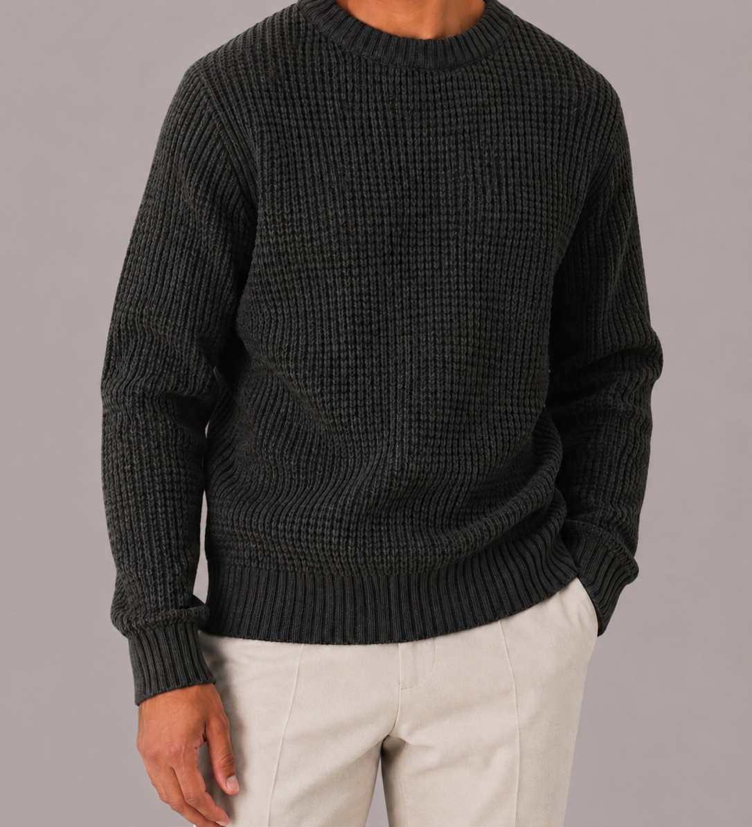 Men's Oversized Waffle Knit Crewneck Jumper for Casual Fit