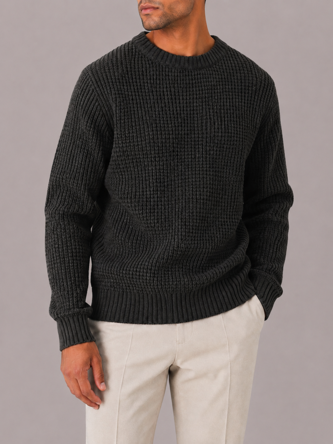 Men's Oversized Waffle Knit Crewneck Jumper for Casual Fit