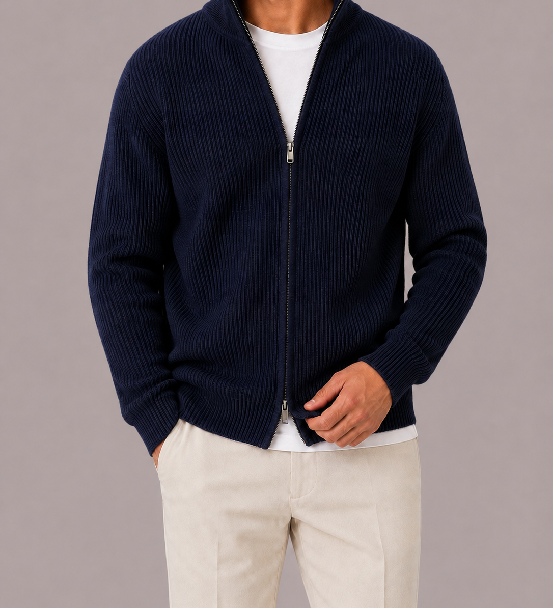 Men's Ribbed Knit Full-Zip Cardigan for Casual Fit