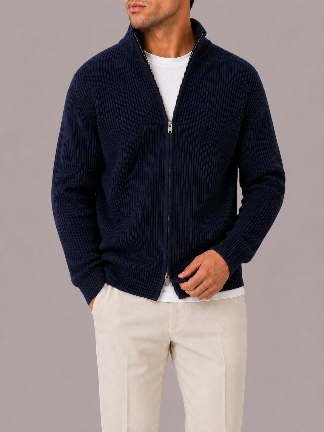 Men's Ribbed Knit Full-Zip Cardigan for Casual Fit