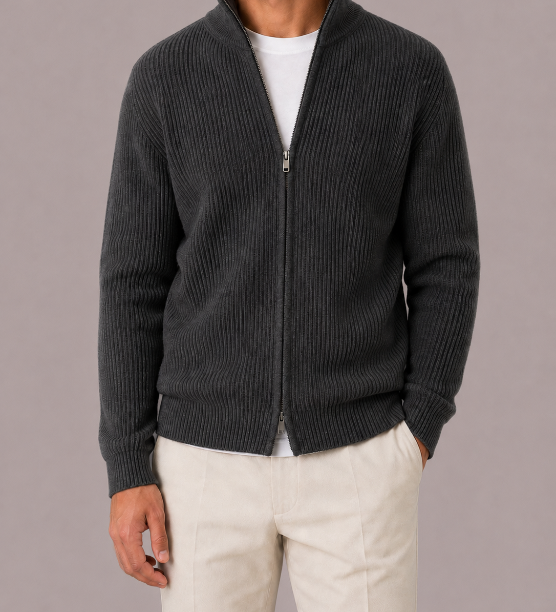 Men's Ribbed Knit Full-Zip Cardigan for Casual Fit