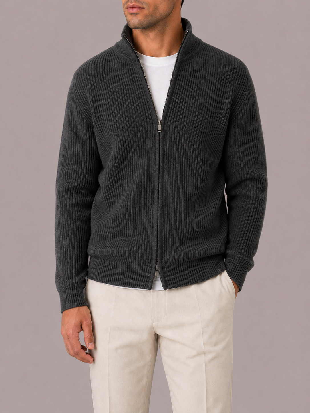 Men's Ribbed Knit Full-Zip Cardigan for Casual Fit