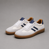 Retro Style Leather Sneakers with Navy Stripe Detail