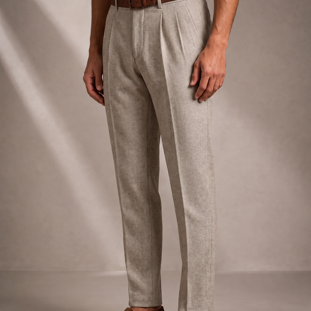 Men's Herringbone Pleated Trousers with a Straight Fit