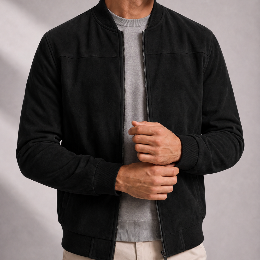 Men's Suede Bomber Jacket with Ribbed Trim