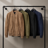 Men's Suede Bomber Jacket with Ribbed Trim