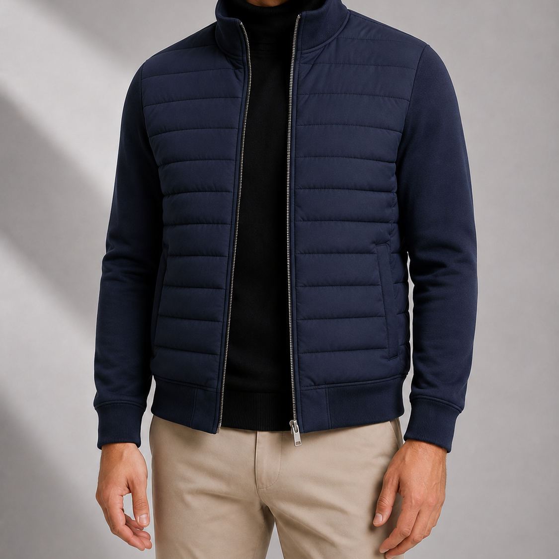 Men's Quilted Panel Full-Zip Jacket with Jersey Sleeves